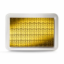 Anlagegold 3 Auf dem Bield sieht man eine Acrylbox mit 50x 1gr. Goldbarren der Degussa